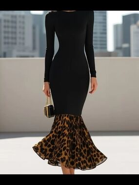 Black Long Sleeve Fit-and-Flare Dress with Leopard Hem